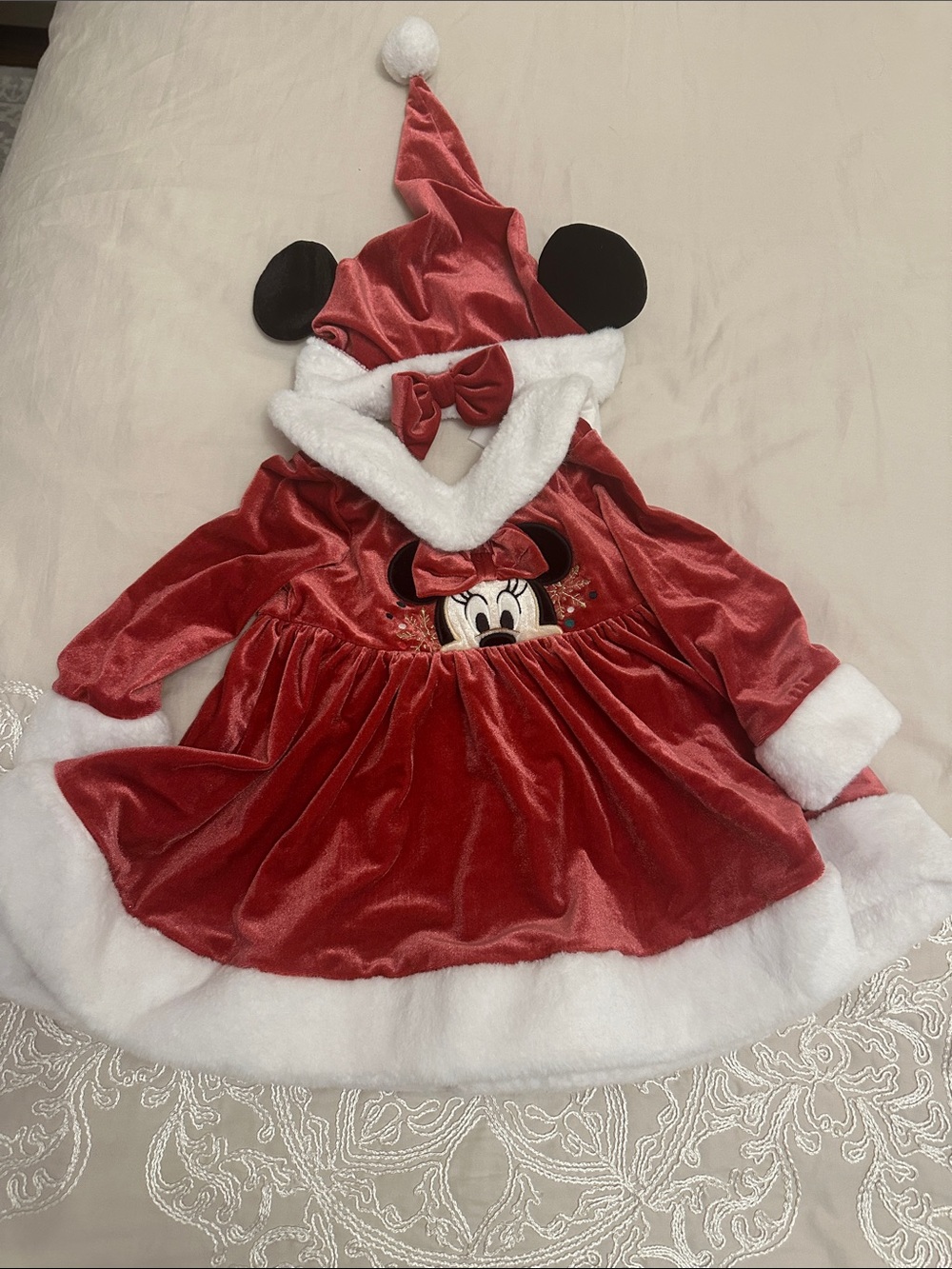 Disney Red and White Minnie Mouse Holiday Velvet Hooded Dress